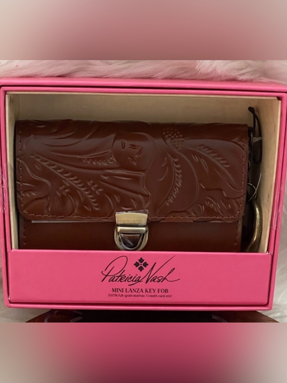 Patricia Nash Mini Lanza Key Fob Brown Tooled Full Grain Leather Wallet NIB - Picture 4 of 5